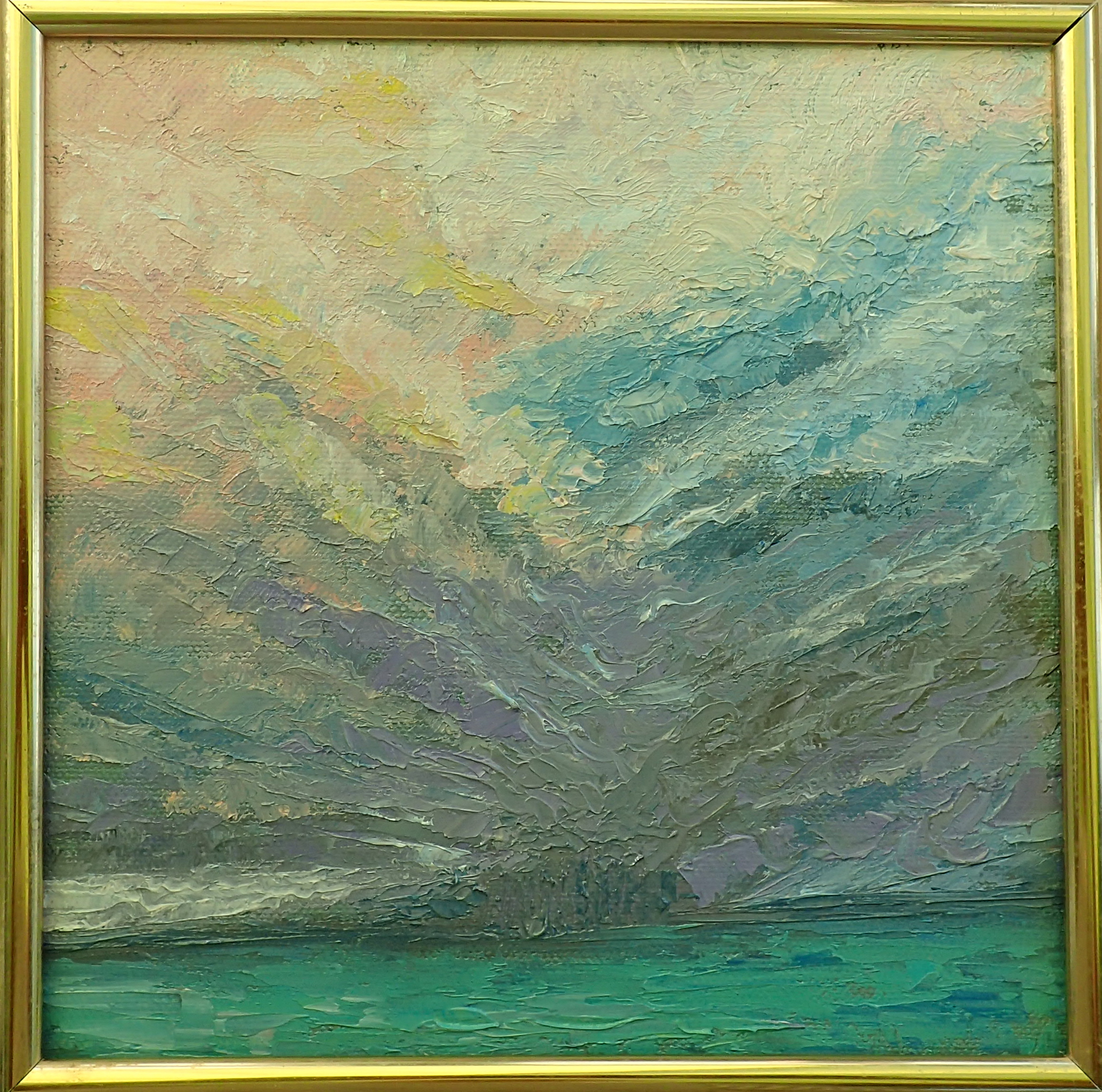 Original  8x8" oil painting on canvas framed in gold metal frame.  The western horizon beams a palette of colourful streamers of sunlit clouds delivering the visual message of an oncoming squall. Pale